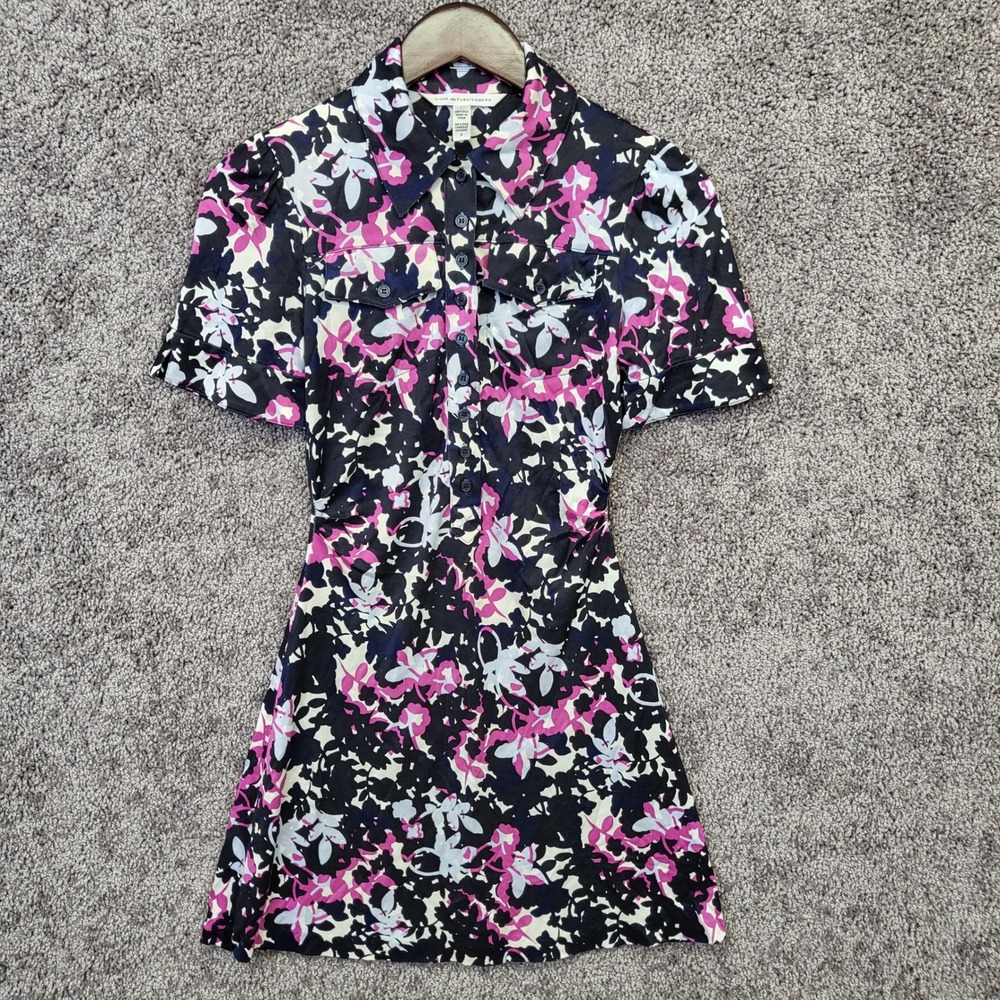 Diane von Furstenberg Silk Shirt Dress Womens 2 Pink Black Floral Excellent DVF